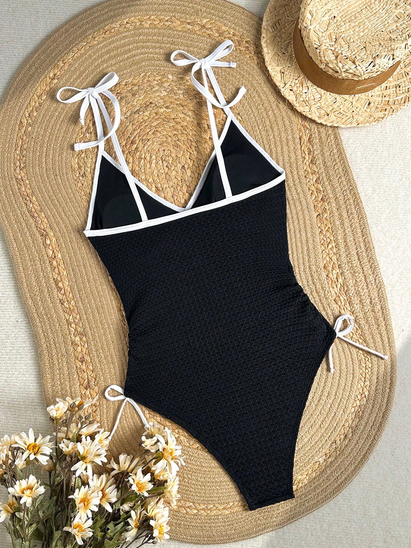 Bonvoyette Textured V-Neck One-Piece Swimsuit For Women, New Arrival, Tie-Up Design Slimming Flattering, Suitable For Spa Holiday Beach Chocolate Brown Sexy