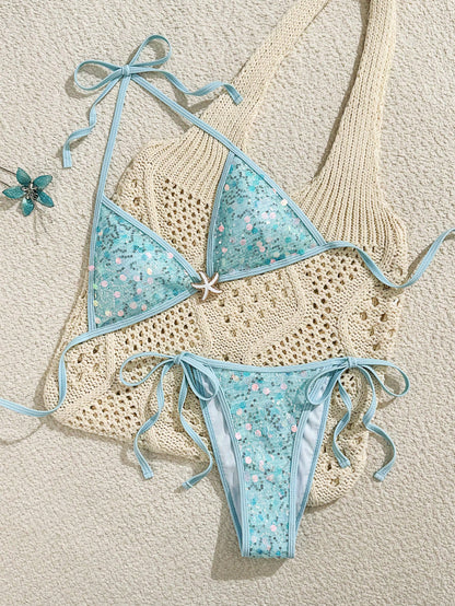 Bonvoyette Women's Baby Blue Summer Casual Beach Holiday Vacation Two Pieces Swimwear Embroidered Sequin Shiny High-Cut Side Tie Bikini Set For Party Gathering