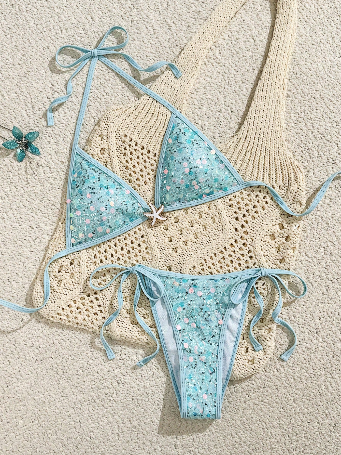 Bonvoyette Women's Baby Blue Summer Casual Beach Holiday Vacation Two Pieces Swimwear Embroidered Sequin Shiny High-Cut Side Tie Bikini Set For Party Gathering