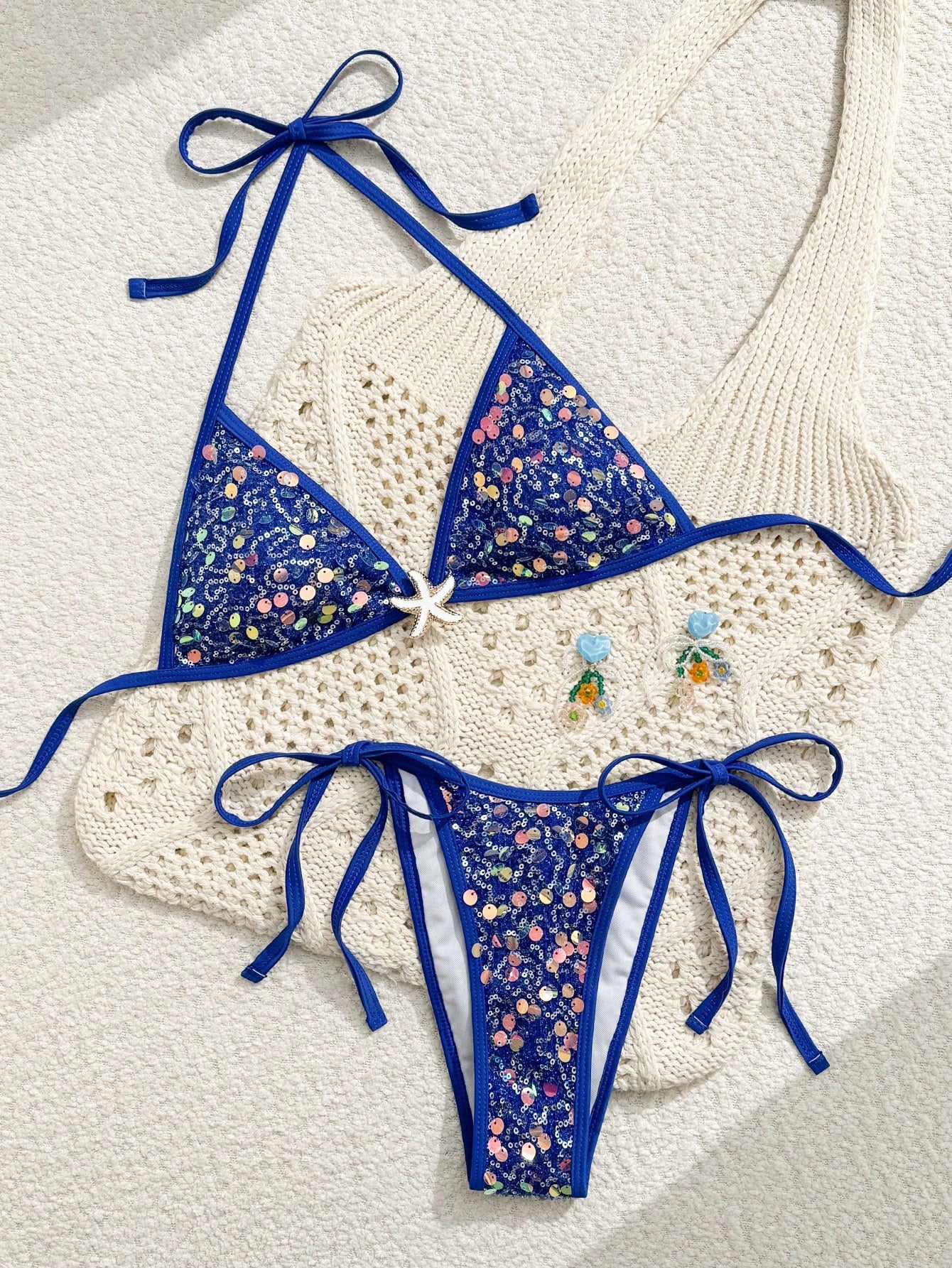 Bonvoyette Women's Baby Blue Summer Casual Beach Holiday Vacation Two Pieces Swimwear Embroidered Sequin Shiny High-Cut Side Tie Bikini Set For Party Gathering