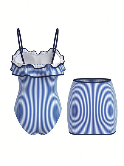 Bonvoyette Women's Fashion Blue And White Striped Print Ruffle One-Piece Swimsuit, Detachable Shoulder Straps, Bandeau Style, Ruffle Skirt