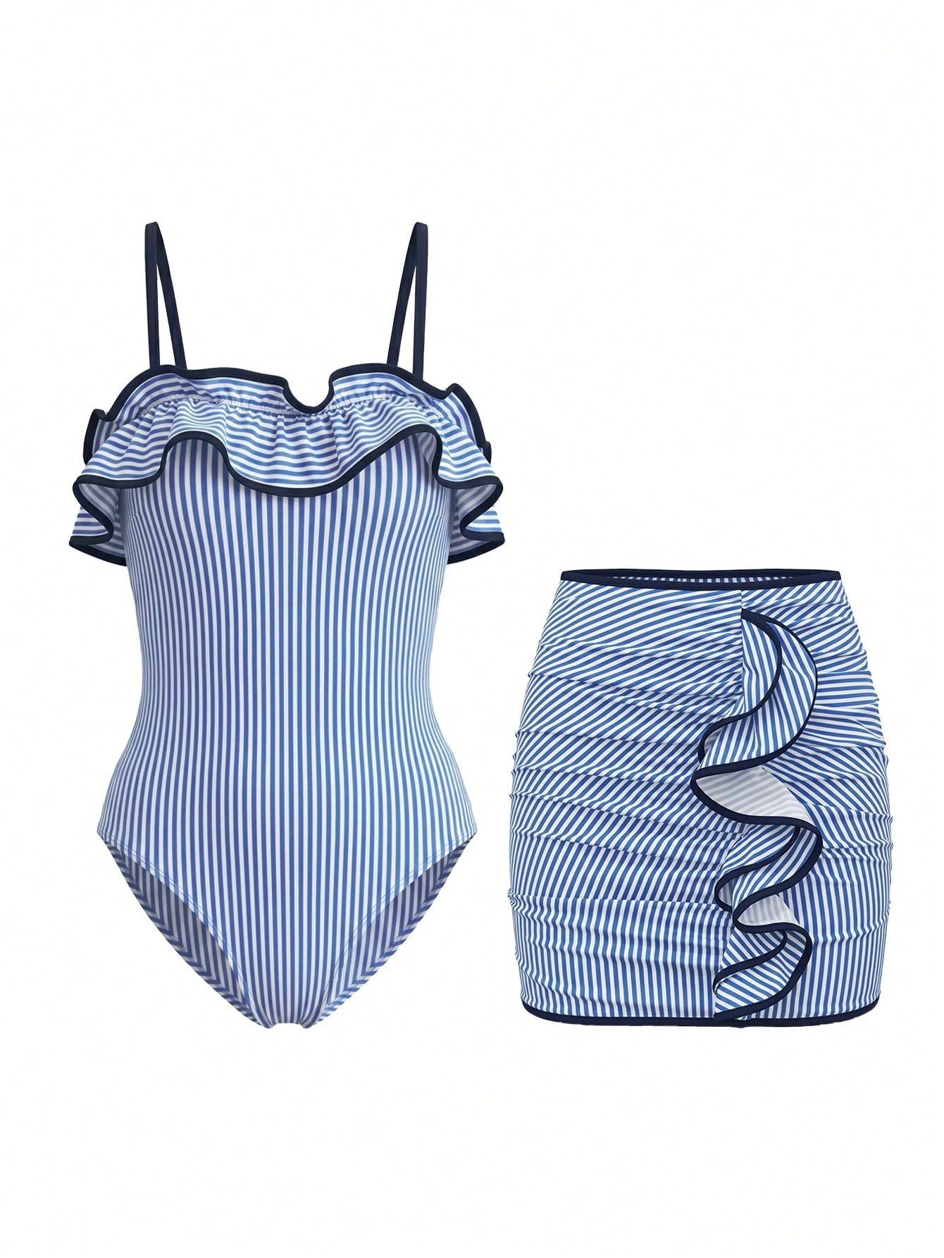 Bonvoyette Women's Fashion Blue And White Striped Print Ruffle One-Piece Swimsuit, Detachable Shoulder Straps, Bandeau Style, Ruffle Skirt