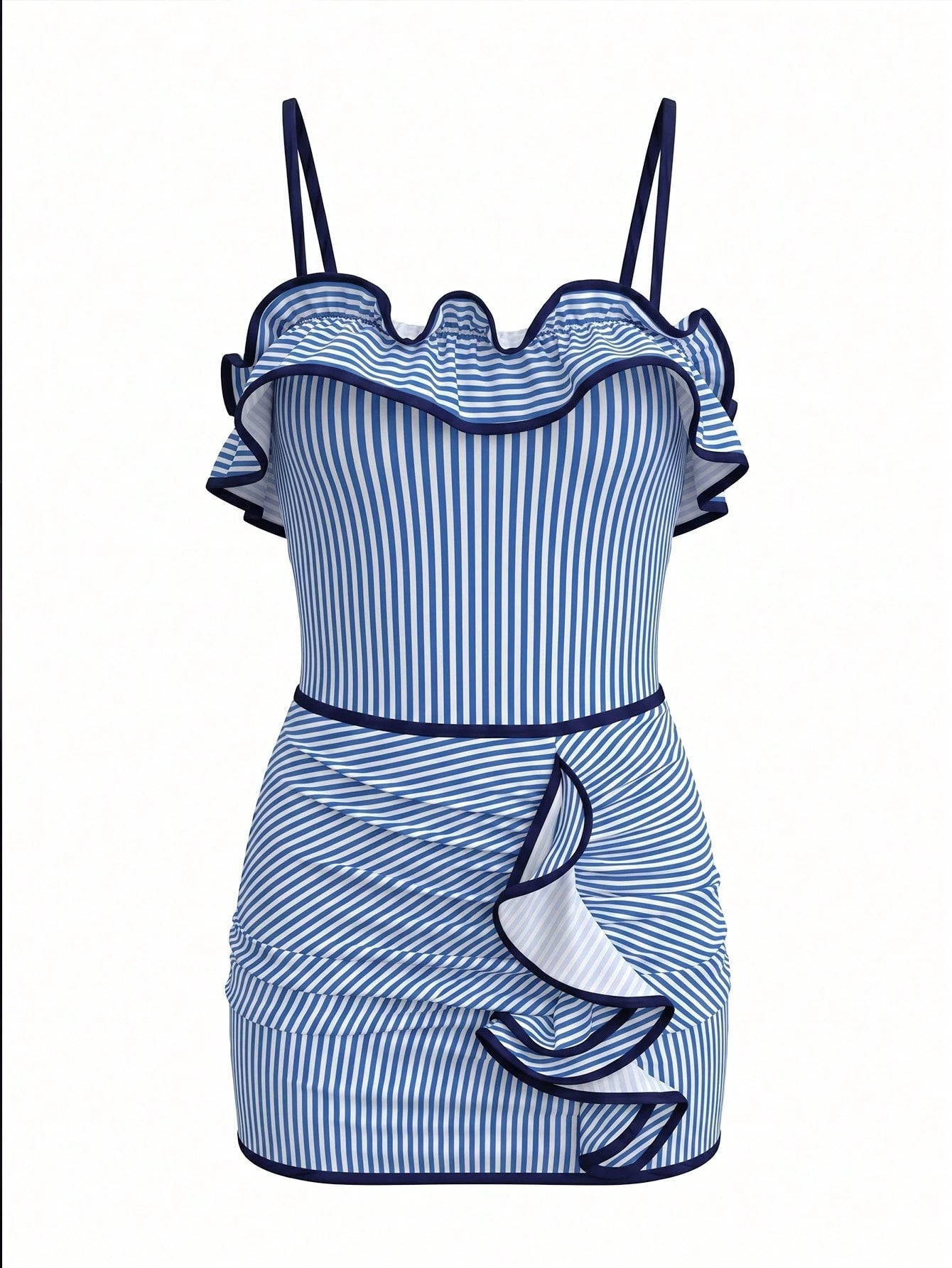 Bonvoyette Women's Fashion Blue And White Striped Print Ruffle One-Piece Swimsuit, Detachable Shoulder Straps, Bandeau Style, Ruffle Skirt