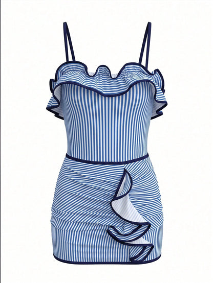 Bonvoyette Women's Fashion Blue And White Striped Print Ruffle One-Piece Swimsuit, Detachable Shoulder Straps, Bandeau Style, Ruffle Skirt