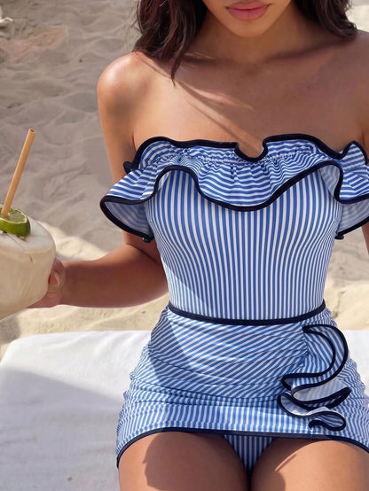 Bonvoyette Women's Fashion Blue And White Striped Print Ruffle One-Piece Swimsuit, Detachable Shoulder Straps, Bandeau Style, Ruffle Skirt