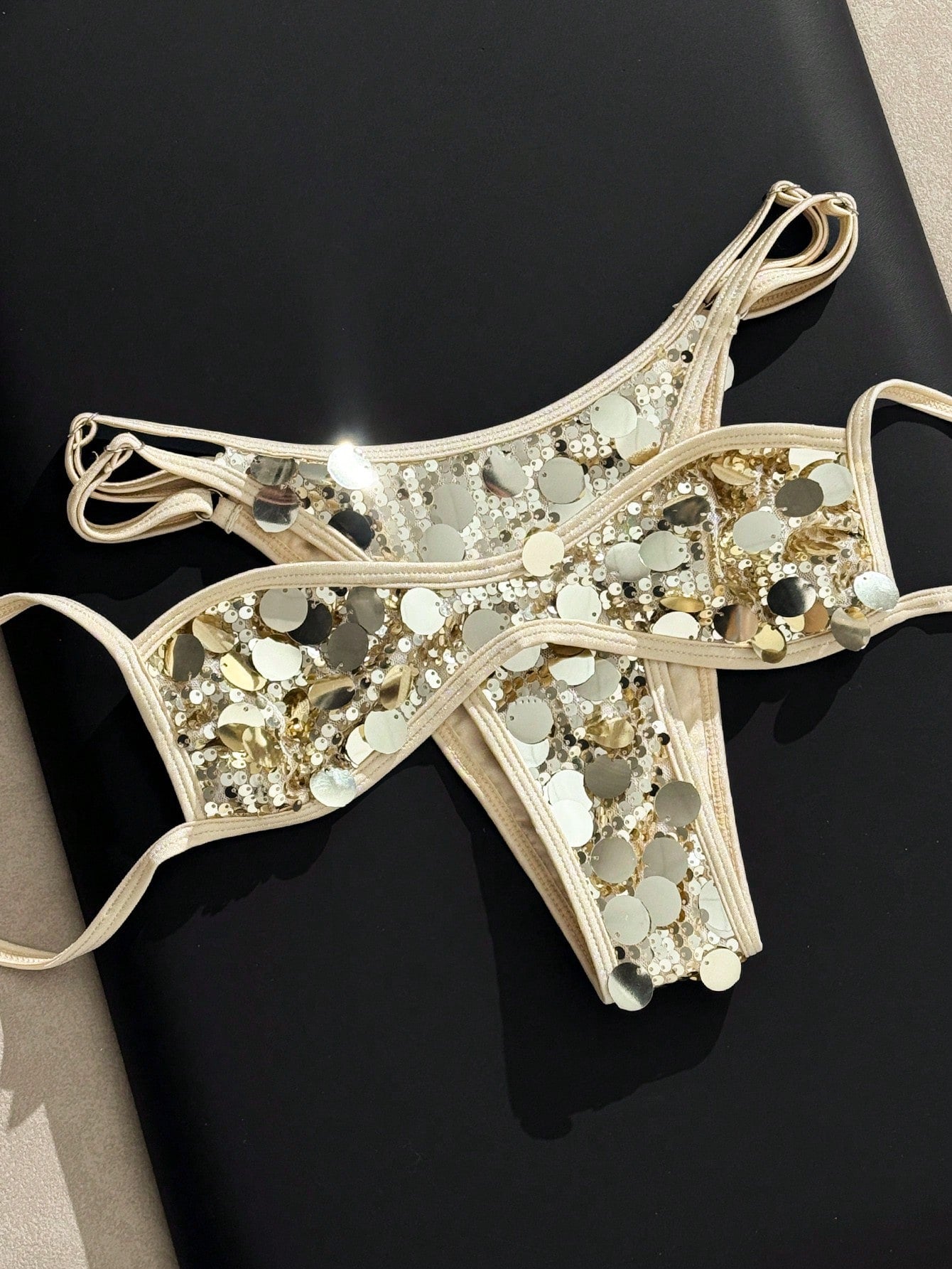 Bonvoyette Women's Gold Summer 70s Retro Sequin Shiny Fabric High Cut Bandeau Bikini 2 Pieces Swimwear Set,Perfect For Holiday,Party,Music Festival,Beach