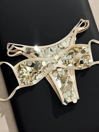 Bonvoyette Women's Gold Summer 70s Retro Sequin Shiny Fabric High Cut Bandeau Bikini 2 Pieces Swimwear Set,Perfect For Holiday,Party,Music Festival,Beach