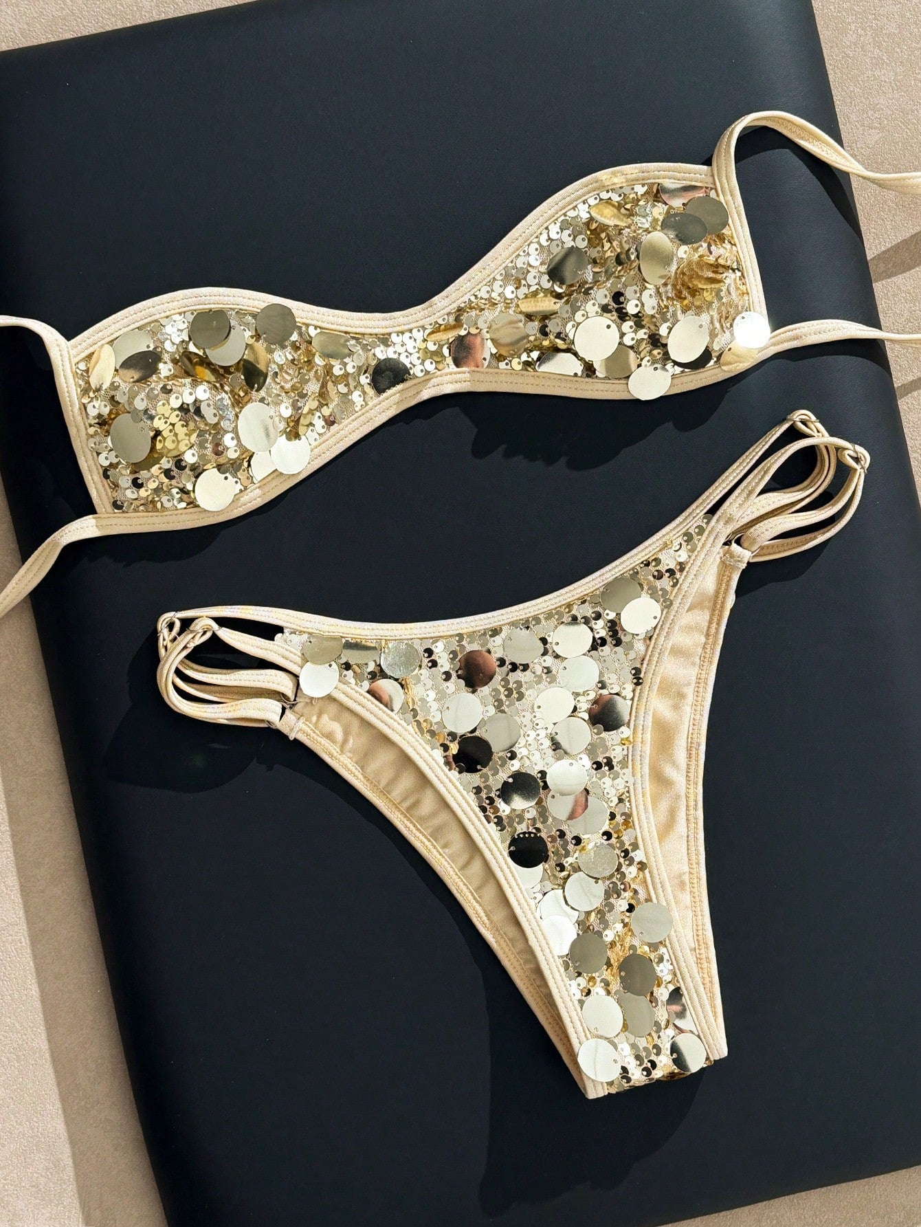Bonvoyette Women's Gold Summer 70s Retro Sequin Shiny Fabric High Cut Bandeau Bikini 2 Pieces Swimwear Set,Perfect For Holiday,Party,Music Festival,Beach