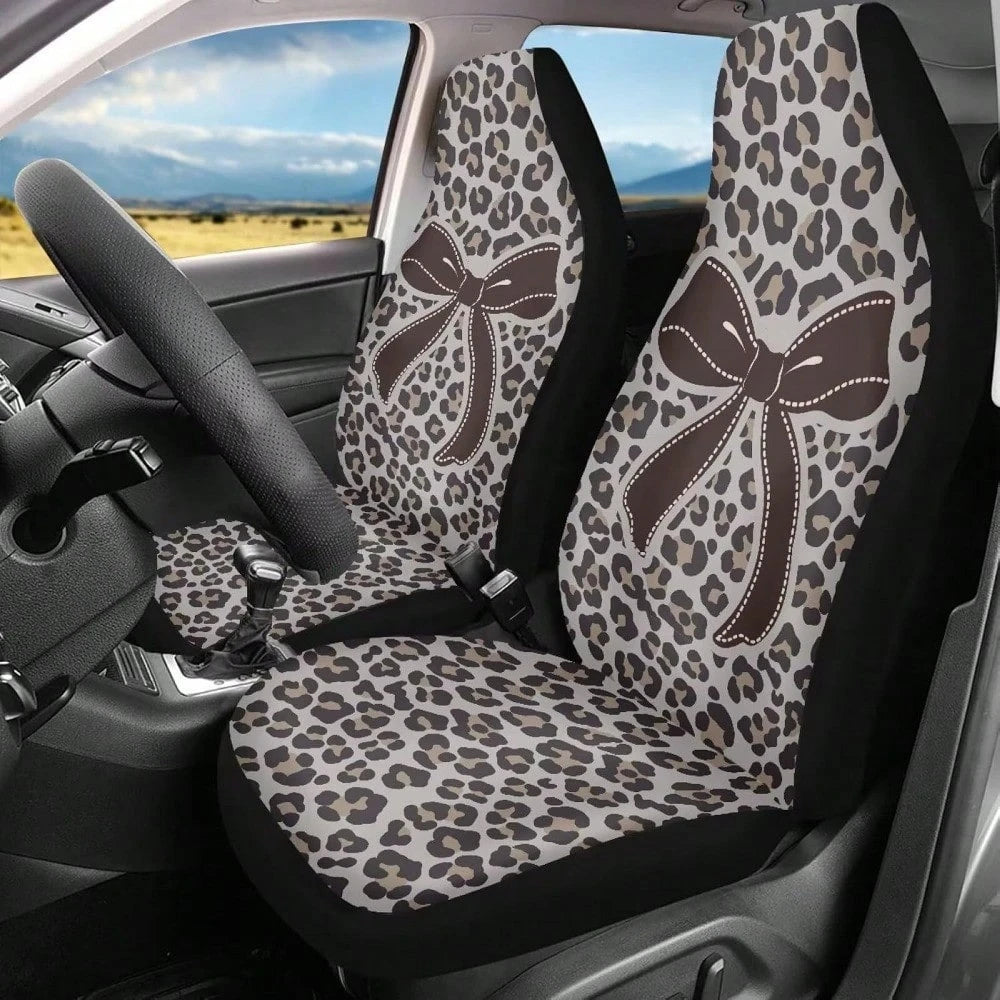 Bow Front Car Seat Cover Set Of 2 Leopard Print Car Seat Covers For Front Seats Auto Interior Accessories Anti-Slip Back Fabric For Cars Sedans And SUVs