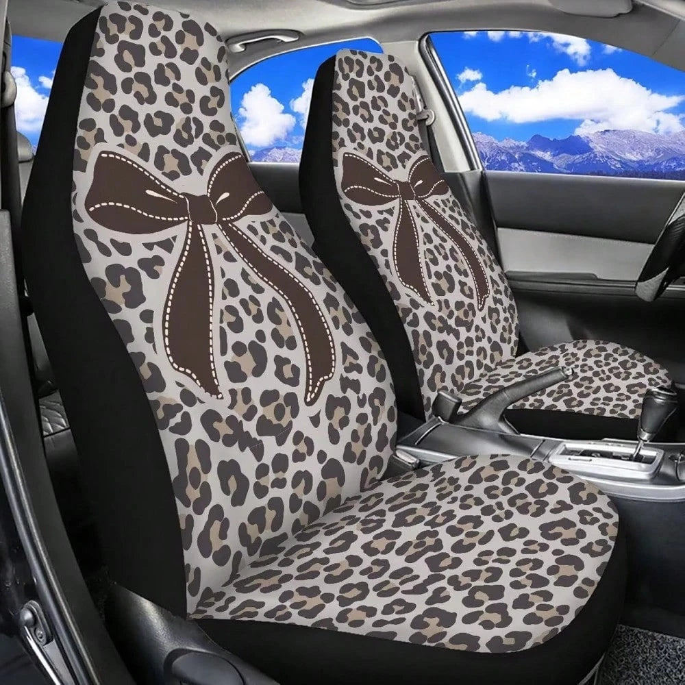 Bow Front Car Seat Cover Set Of 2 Leopard Print Car Seat Covers For Front Seats Auto Interior Accessories Anti-Slip Back Fabric For Cars Sedans And SUVs