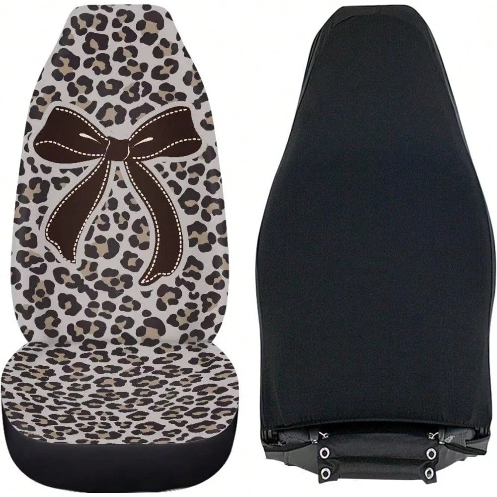 Bow Front Car Seat Cover Set Of 2 Leopard Print Car Seat Covers For Front Seats Auto Interior Accessories Anti-Slip Back Fabric For Cars Sedans And SUVs