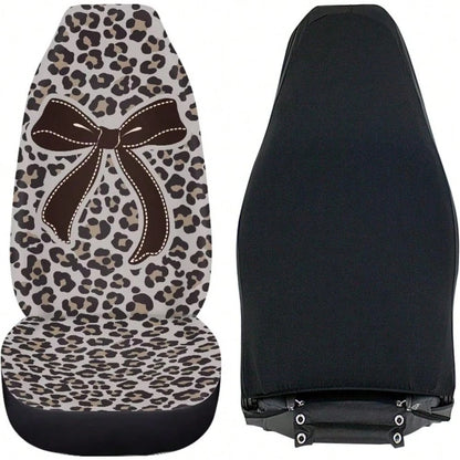 Bow Front Car Seat Cover Set Of 2 Leopard Print Car Seat Covers For Front Seats Auto Interior Accessories Anti-Slip Back Fabric For Cars Sedans And SUVs