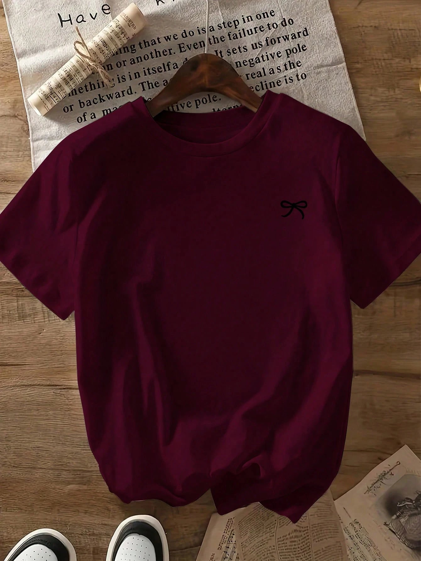 Bow Print Loose Fit Short Sleeve T-Shirt, Spring/Summer Casual