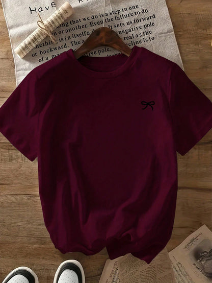 Bow Print Loose Fit Short Sleeve T-Shirt, Spring/Summer Casual