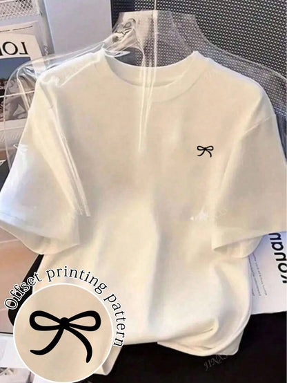 Bow Print Loose Fit Short Sleeve T-Shirt, Spring/Summer Casual