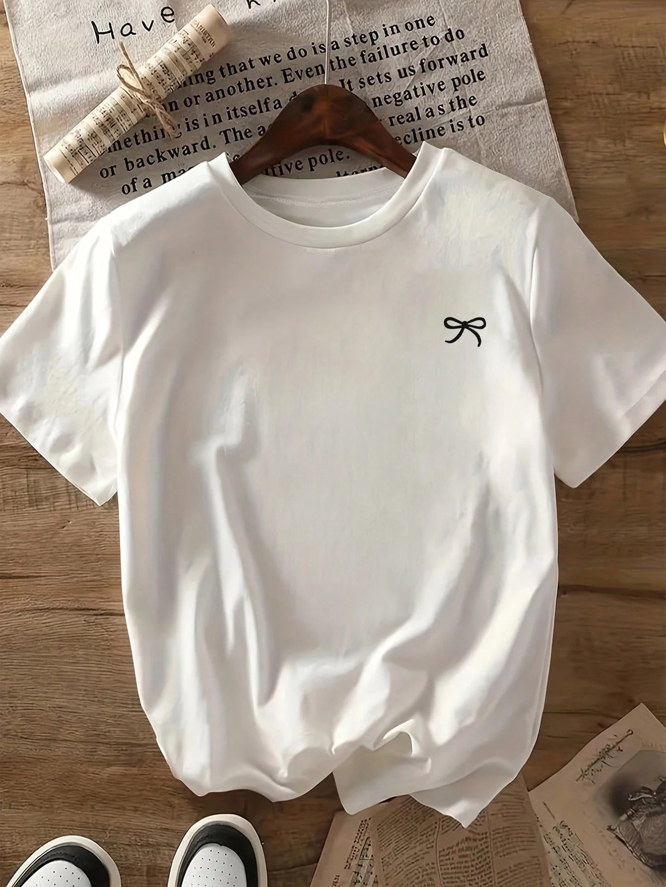 Bow Print Loose Fit Short Sleeve T-Shirt, Spring/Summer Casual