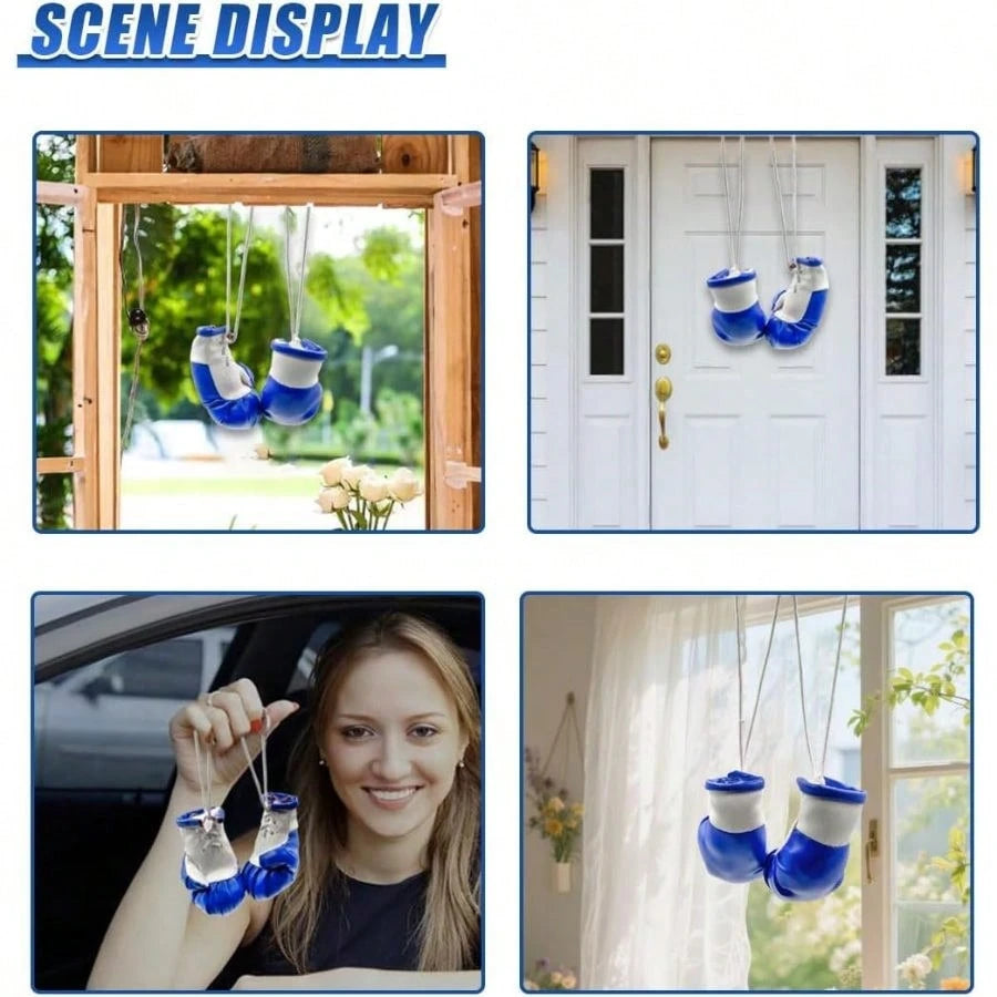 Boxing Gloves Car Rearview Mirror Charm, Cool Leather Gloves Boxing Automotive Interior Hanging Ornament, Vehicle Pendant Decoration Home, Party (Blue)