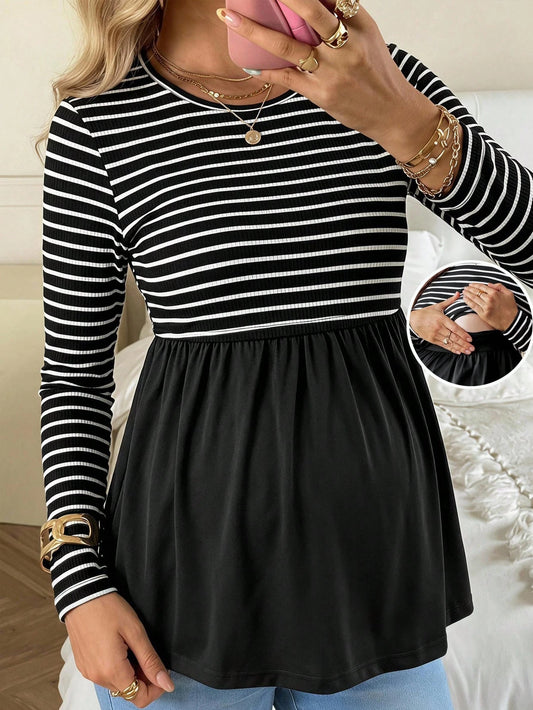 Breastfeeding Striped Colorblock Ruched Crew Neck Top