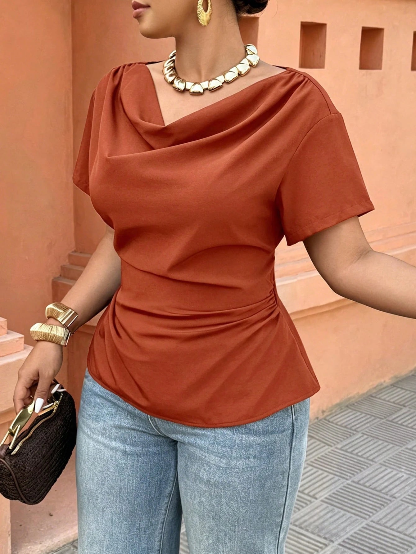 Breezaya Black Draped Collar Shirt- Short Sleeve With Back Drawstring Waist, Plus Size Fashionable For Casual/Office Wear (Spring & Summer New Arrival) Chic
