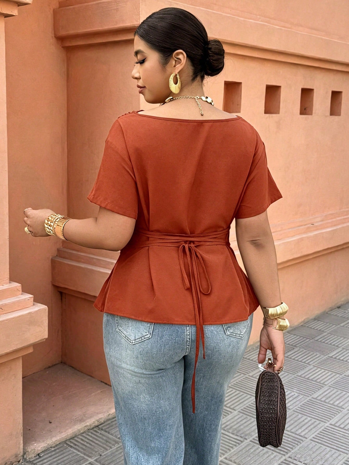 Breezaya Black Draped Collar Shirt- Short Sleeve With Back Drawstring Waist, Plus Size Fashionable For Casual/Office Wear (Spring & Summer New Arrival) Chic