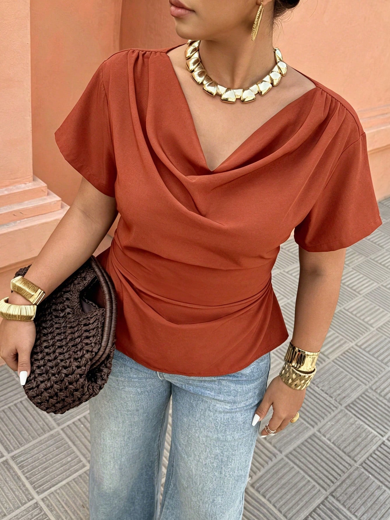 Breezaya Black Draped Collar Shirt- Short Sleeve With Back Drawstring Waist, Plus Size Fashionable For Casual/Office Wear (Spring & Summer New Arrival) Chic