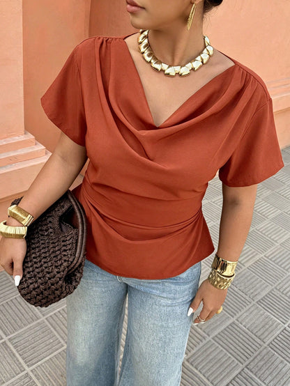 Breezaya Black Draped Collar Shirt- Short Sleeve With Back Drawstring Waist, Plus Size Fashionable For Casual/Office Wear (Spring & Summer New Arrival) Chic