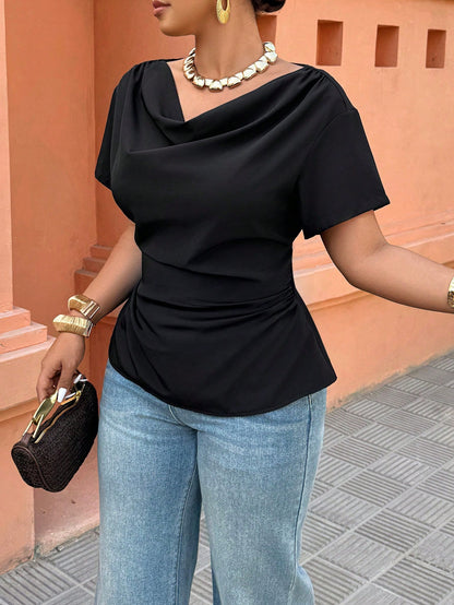 Breezaya Black Draped Collar Shirt- Short Sleeve With Back Drawstring Waist, Plus Size Fashionable For Casual/Office Wear (Spring & Summer New Arrival) Chic