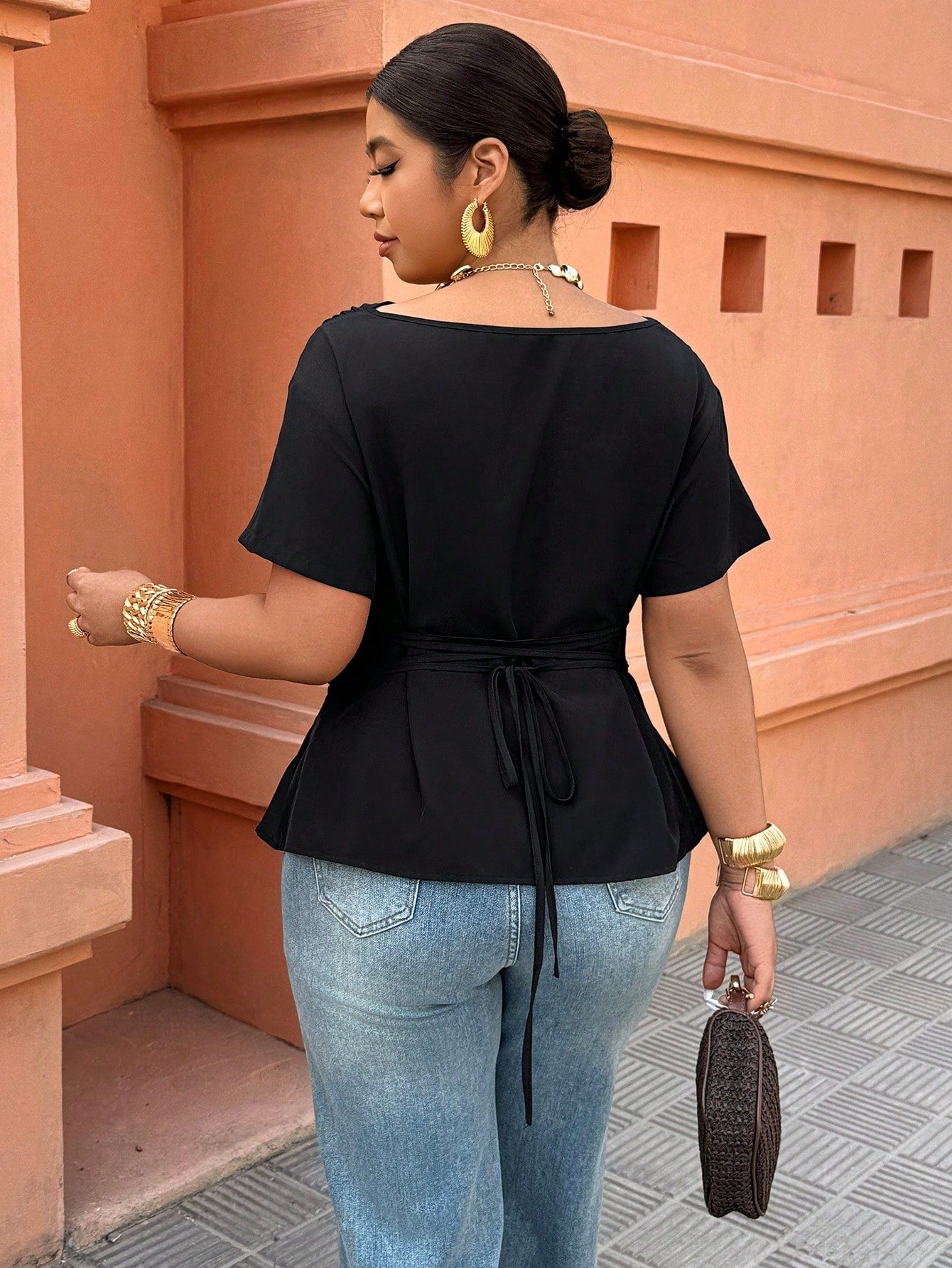 Breezaya Black Draped Collar Shirt- Short Sleeve With Back Drawstring Waist, Plus Size Fashionable For Casual/Office Wear (Spring & Summer New Arrival) Chic