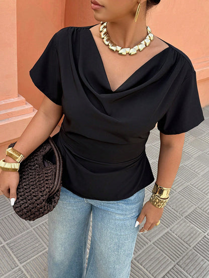 Breezaya Black Draped Collar Shirt- Short Sleeve With Back Drawstring Waist, Plus Size Fashionable For Casual/Office Wear (Spring & Summer New Arrival) Chic