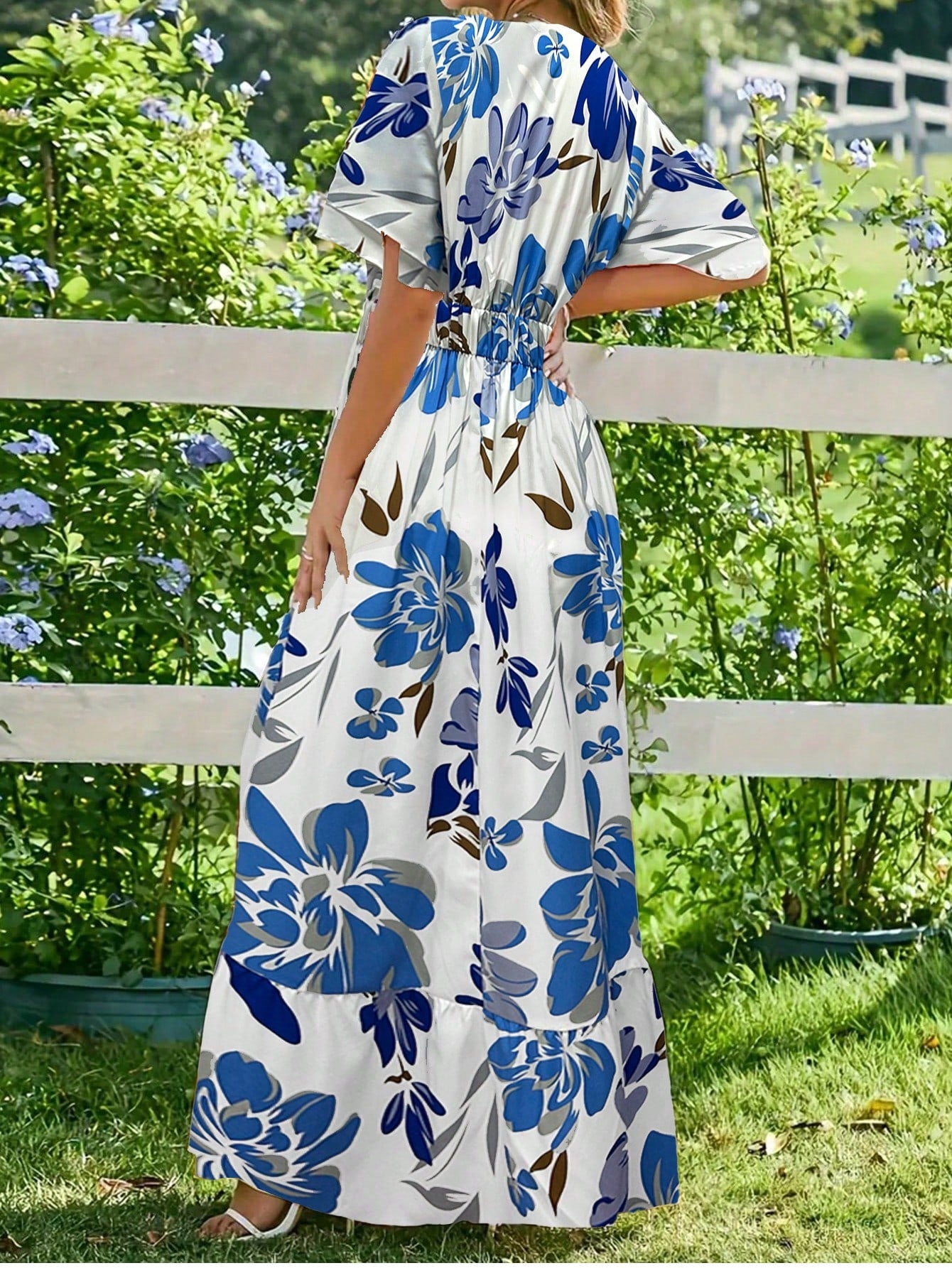 Breezaya Ladies French Floral Print Ruffle Sleeve Round Neck Dress Maxi Women Outfit