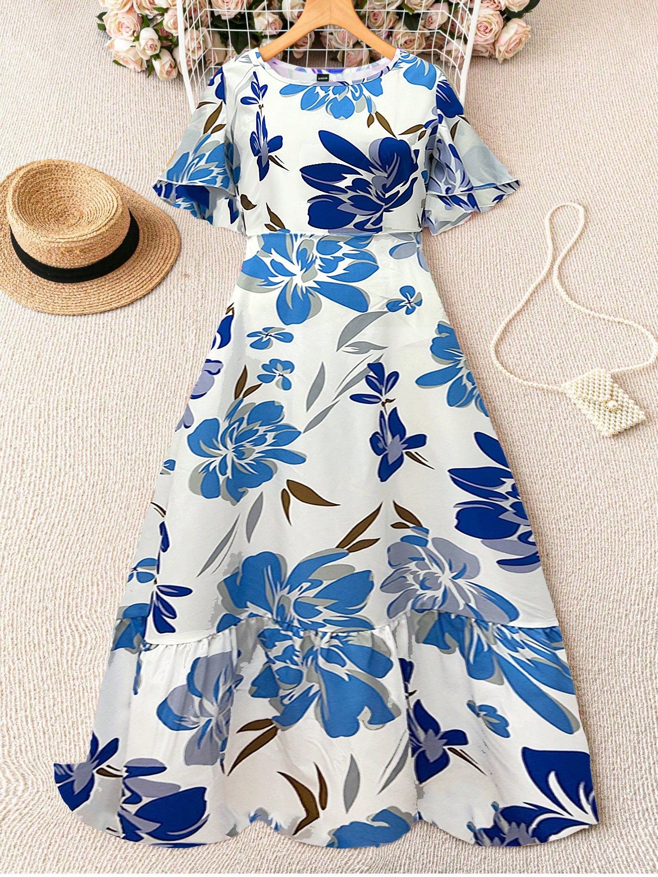 Breezaya Ladies French Floral Print Ruffle Sleeve Round Neck Dress Maxi Women Outfit