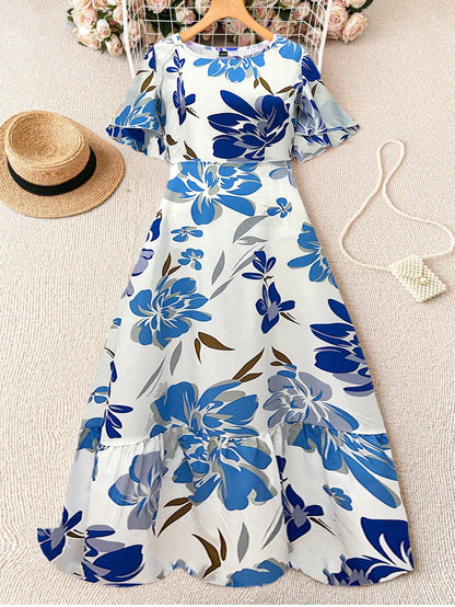 Breezaya Ladies French Floral Print Ruffle Sleeve Round Neck Dress Maxi Women Outfit