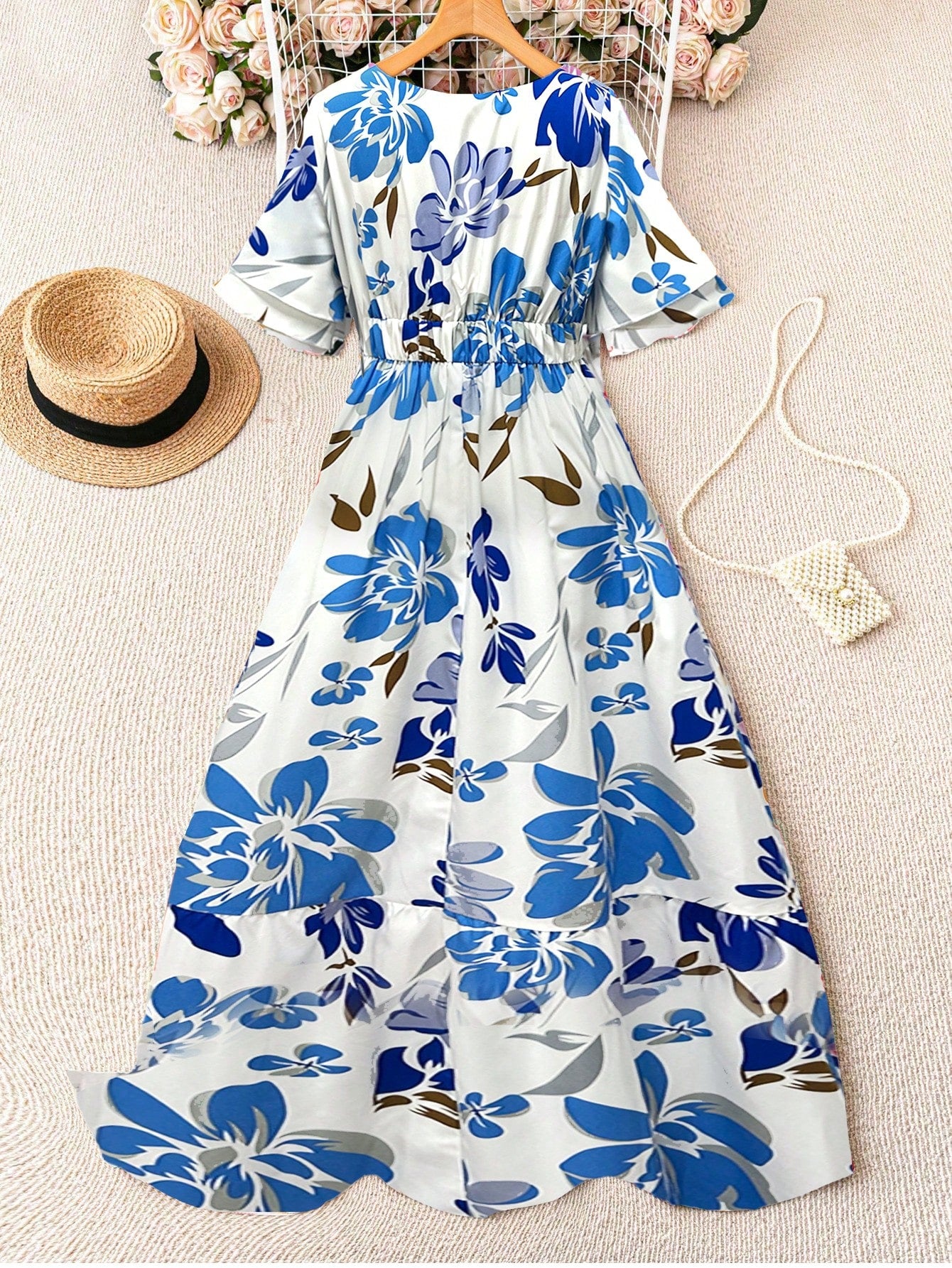 Breezaya Ladies French Floral Print Ruffle Sleeve Round Neck Dress Maxi Women Outfit