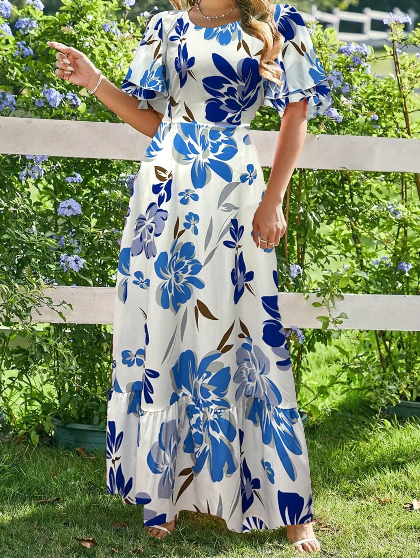 Breezaya Ladies French Floral Print Ruffle Sleeve Round Neck Dress Maxi Women Outfit