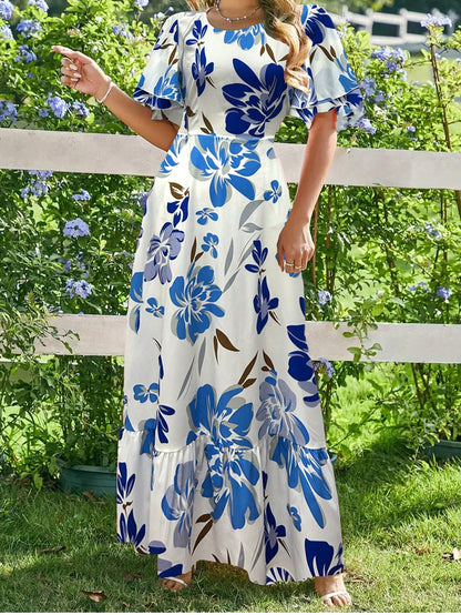Breezaya Ladies French Floral Print Ruffle Sleeve Round Neck Dress Maxi Women Outfit