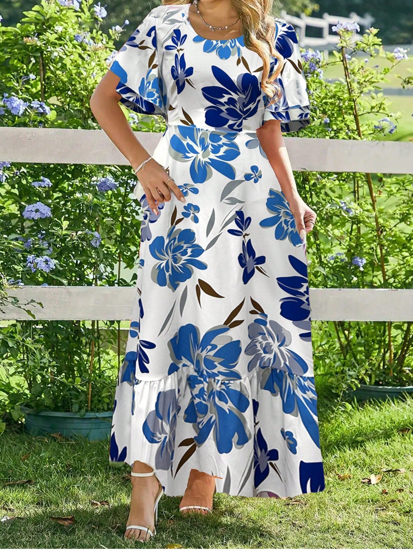 Breezaya Ladies French Floral Print Ruffle Sleeve Round Neck Dress Maxi Women Outfit