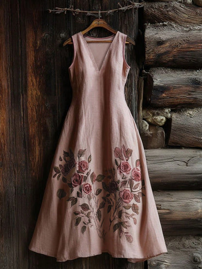 Breezaya Pink Fabric Printed V-Neck Pocket Fit & Flare Women's Sleeveless Dress, Pink Dress, Women's Holiday Dress, Vacation Outfit