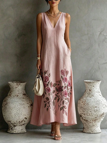 Breezaya Pink Fabric Printed V-Neck Pocket Fit & Flare Women's Sleeveless Dress, Pink Dress, Women's Holiday Dress, Vacation Outfit