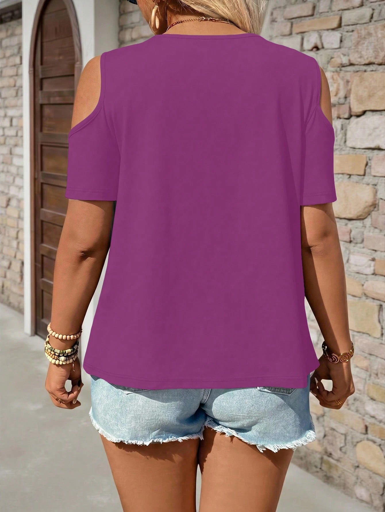Breezaya Plus Size Women's Solid Color Off-Shoulder Short Sleeve Casual T-Shirt