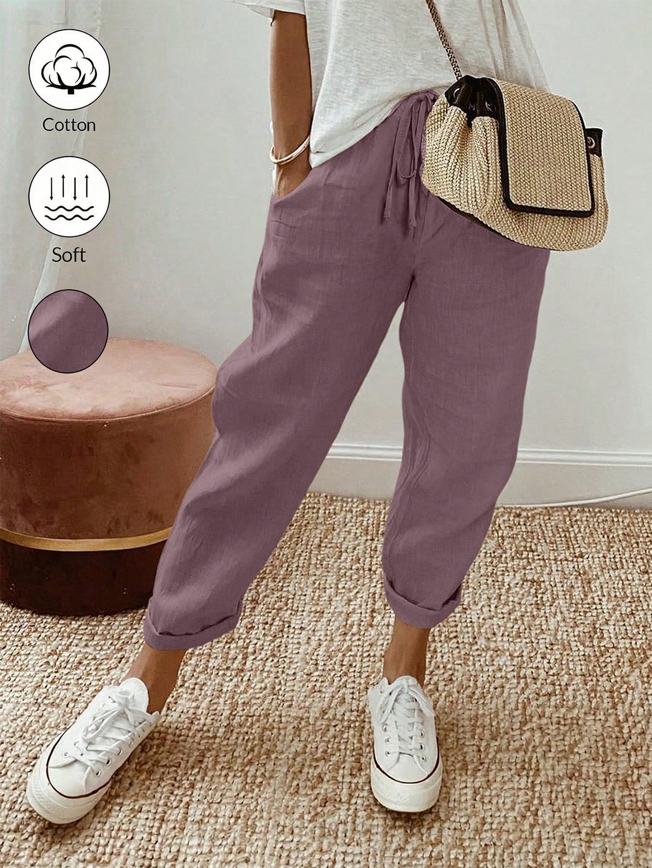 Breezaya Women Loose Drawstring Hemming Cuffed Casual Cropped Pants