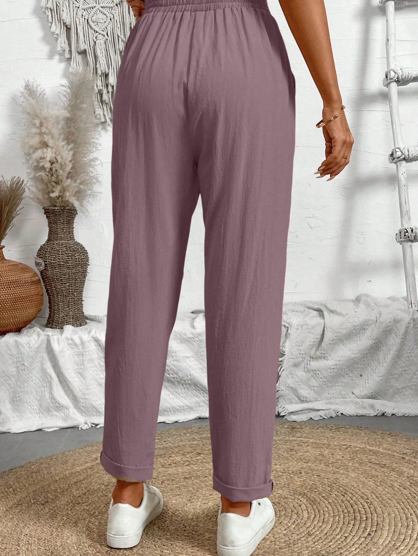 Breezaya Women Loose Drawstring Hemming Cuffed Casual Cropped Pants