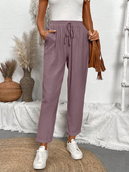 Breezaya Women Loose Drawstring Hemming Cuffed Casual Cropped Pants