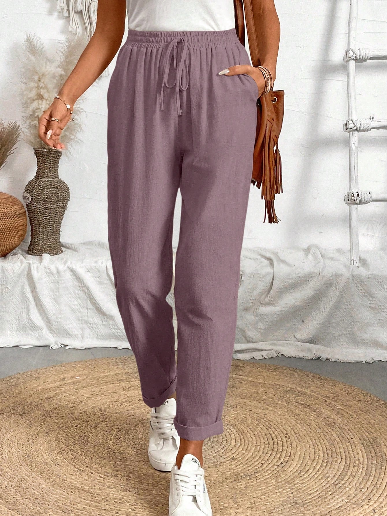Breezaya Women Loose Drawstring Hemming Cuffed Casual Cropped Pants