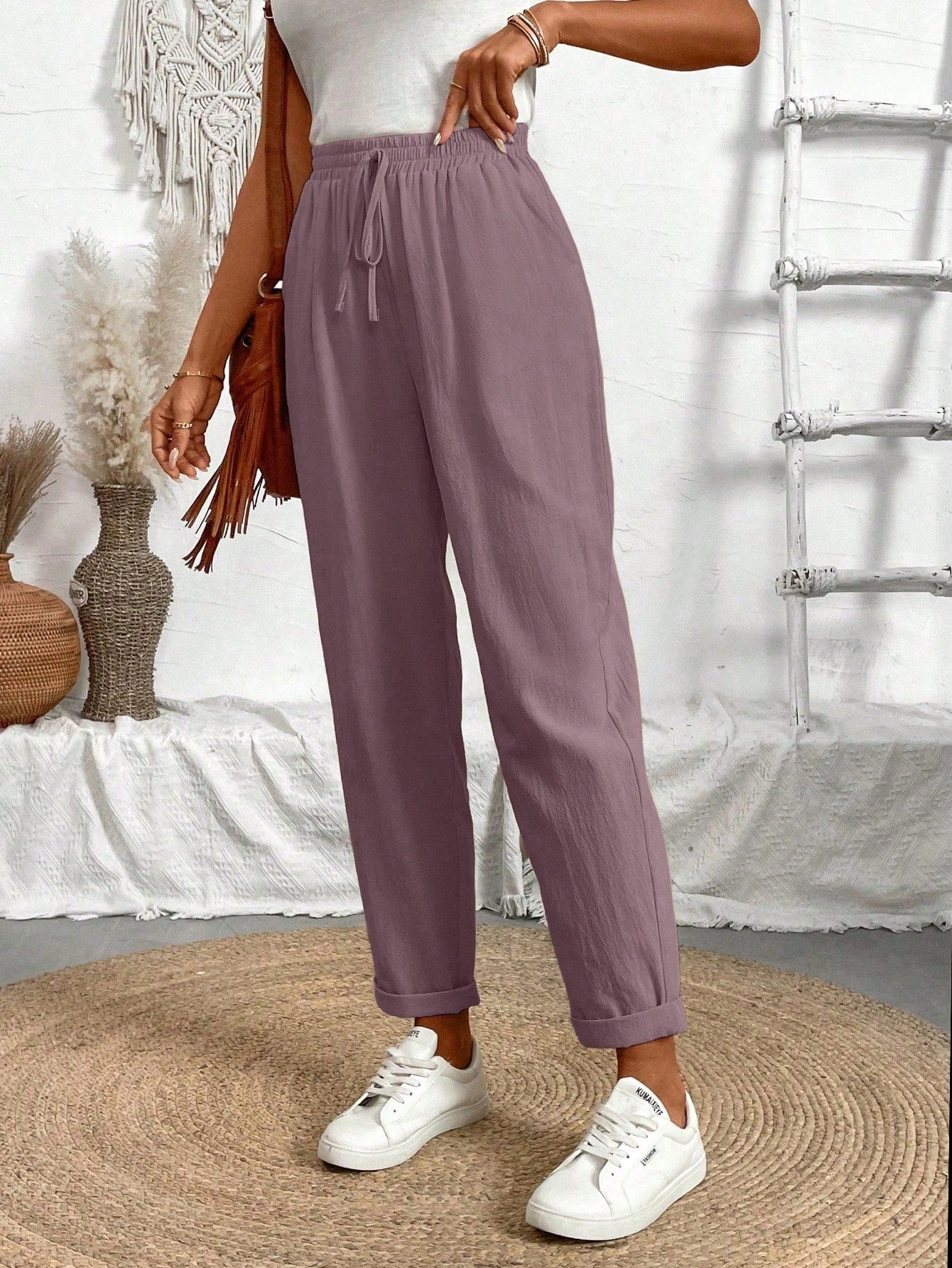 Breezaya Women Loose Drawstring Hemming Cuffed Casual Cropped Pants