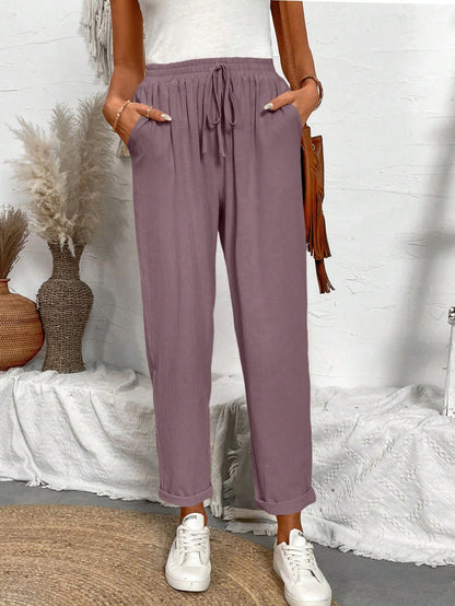 Breezaya Women Loose Drawstring Hemming Cuffed Casual Cropped Pants