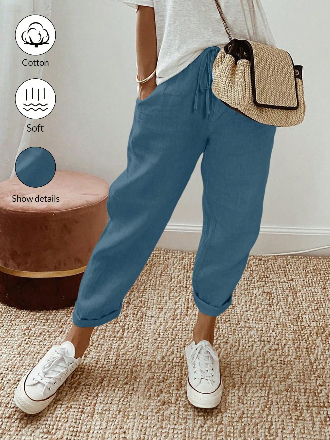 Breezaya Women Loose Drawstring Hemming Cuffed Casual Cropped Pants