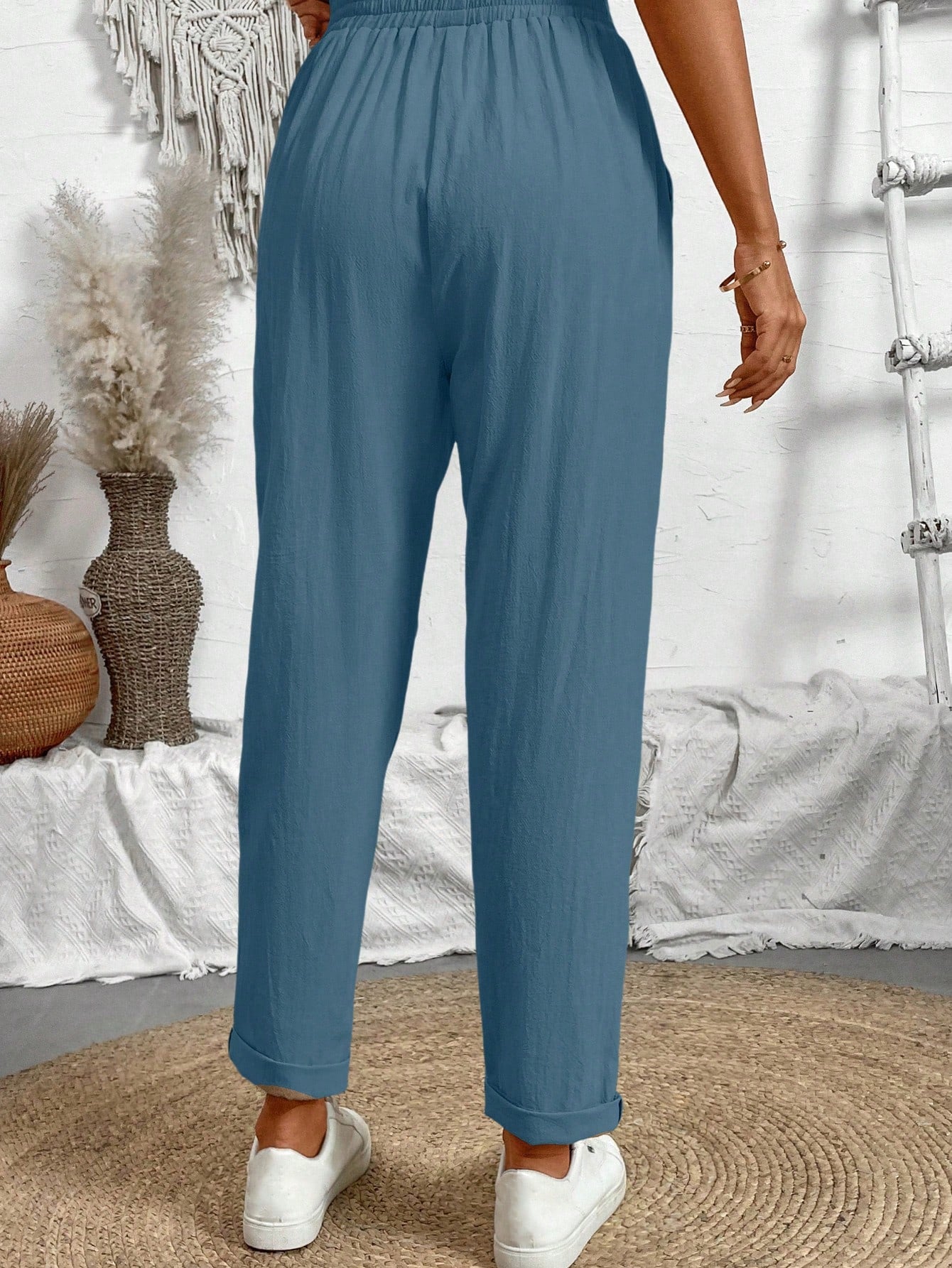 Breezaya Women Loose Drawstring Hemming Cuffed Casual Cropped Pants