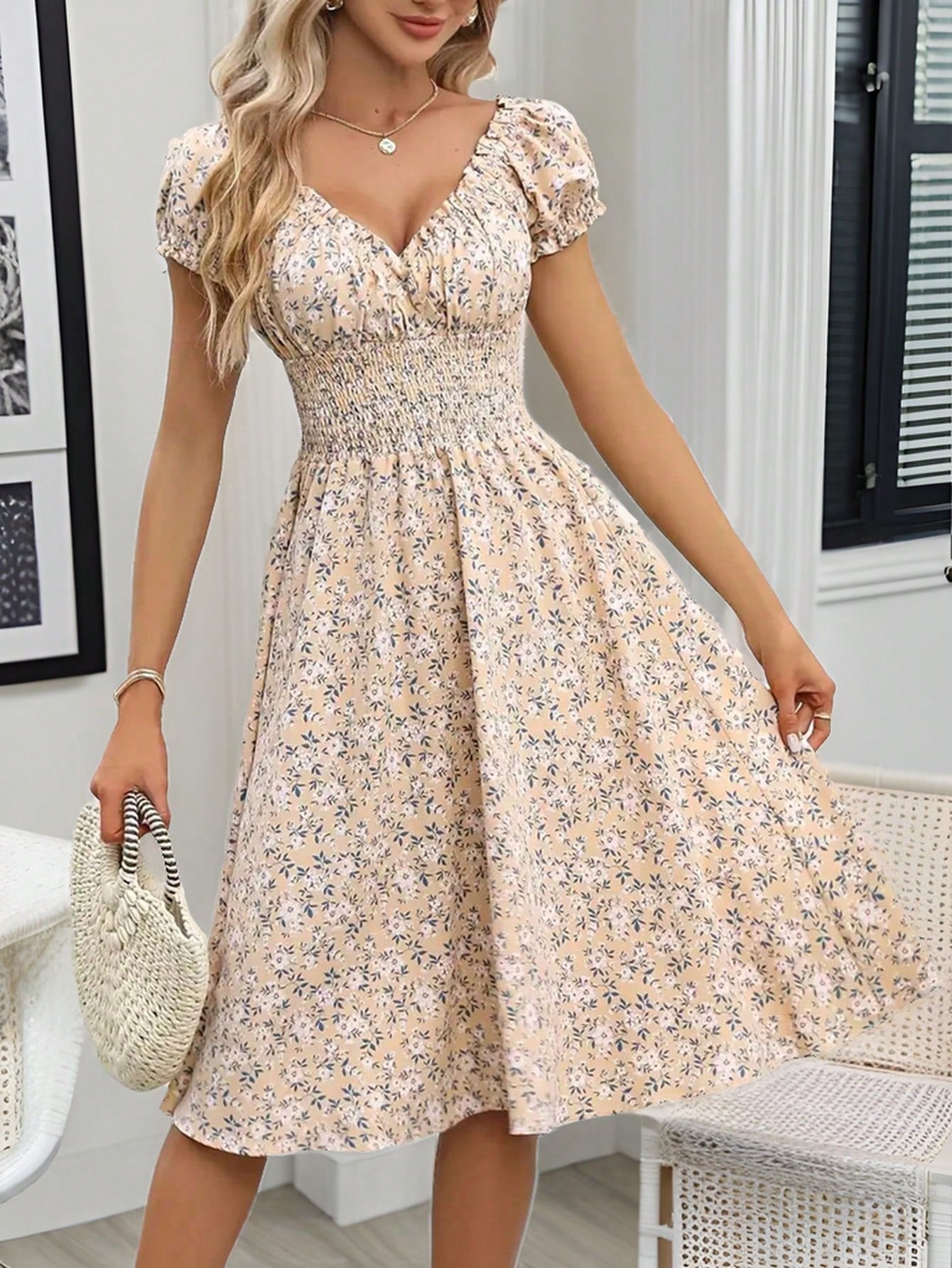 Breezaya Women's Ditsy Floral V-Neck Waist-Tied Dress Maxi Women Outfit