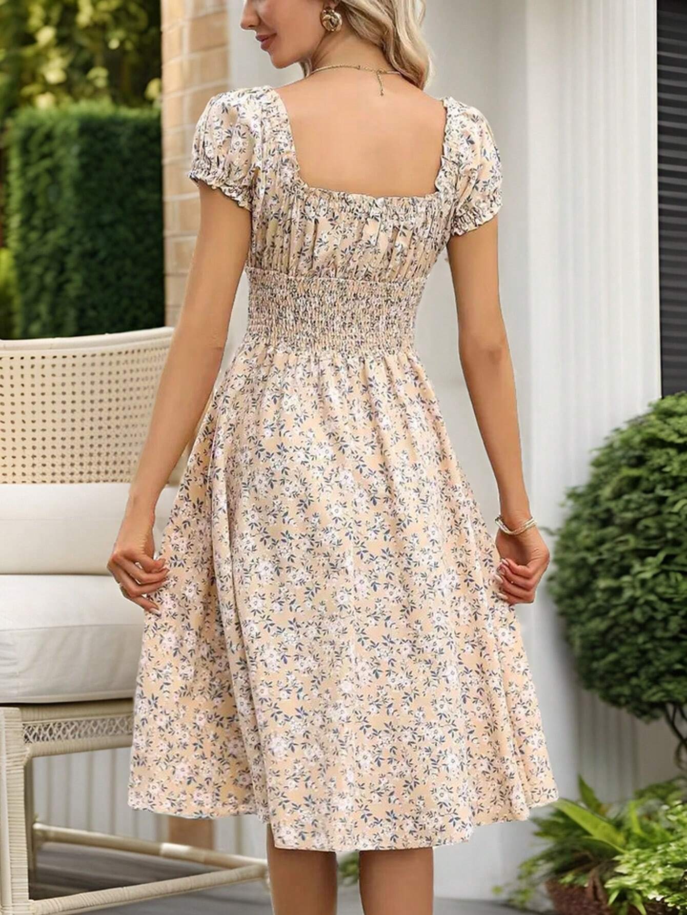 Breezaya Women's Ditsy Floral V-Neck Waist-Tied Dress Maxi Women Outfit