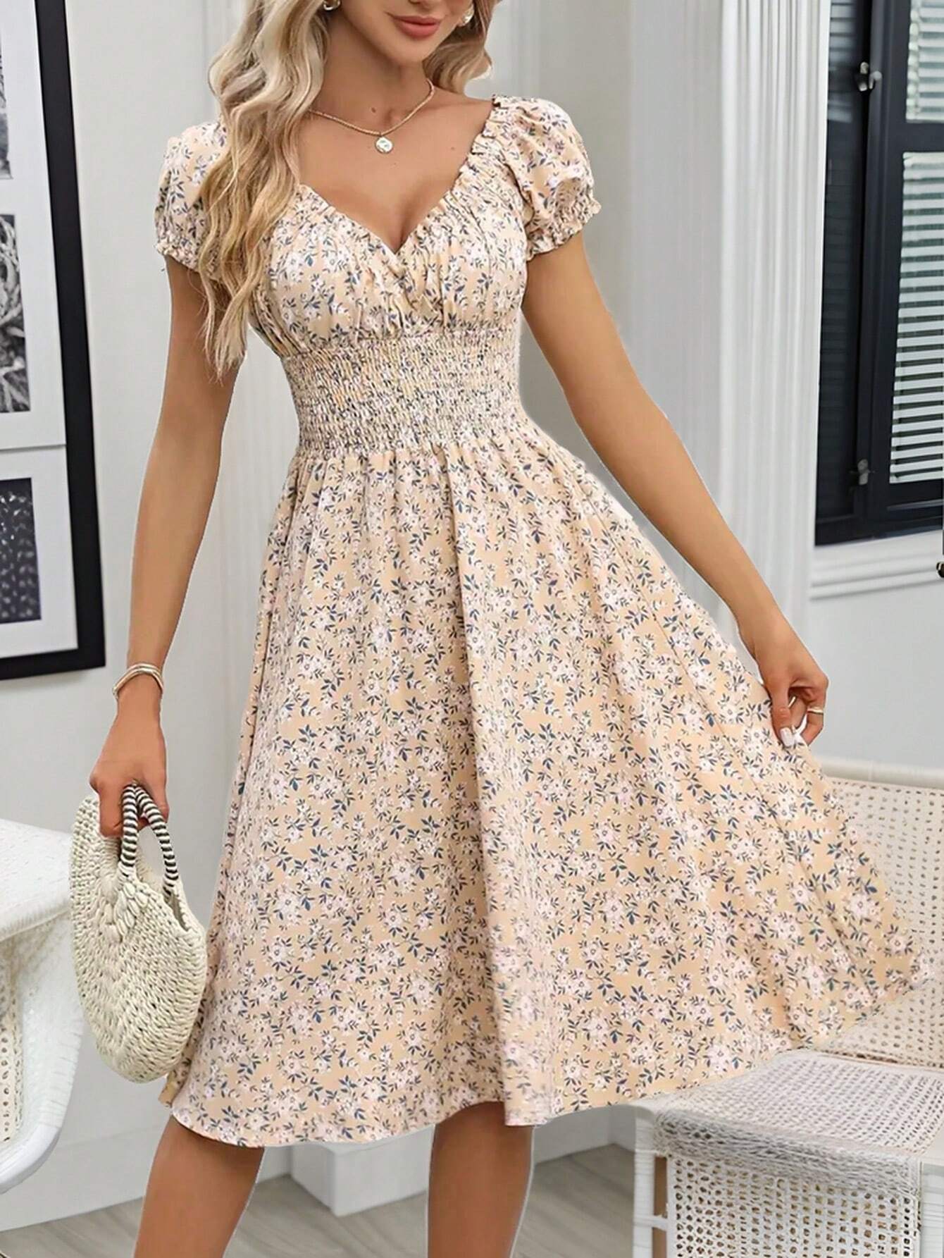 Breezaya Women's Ditsy Floral V-Neck Waist-Tied Dress Maxi Women Outfit